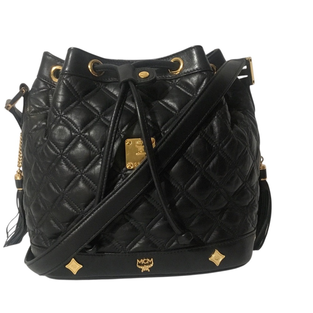 MCM Quilted Black Leather Drawstring Hobo with Gold Accents